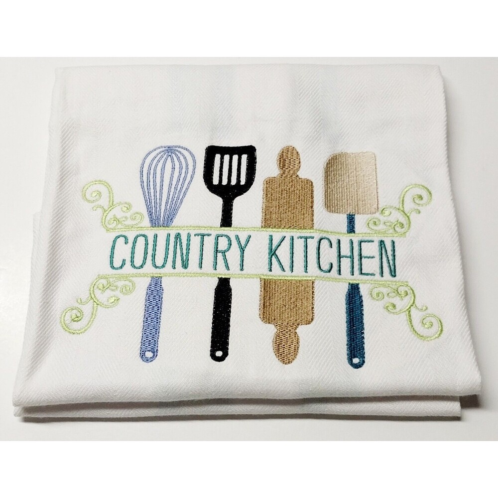 Country Kitchen Embroidered Tea Dish Towel Linen 21 x 29 Inch Rustic Cottage New